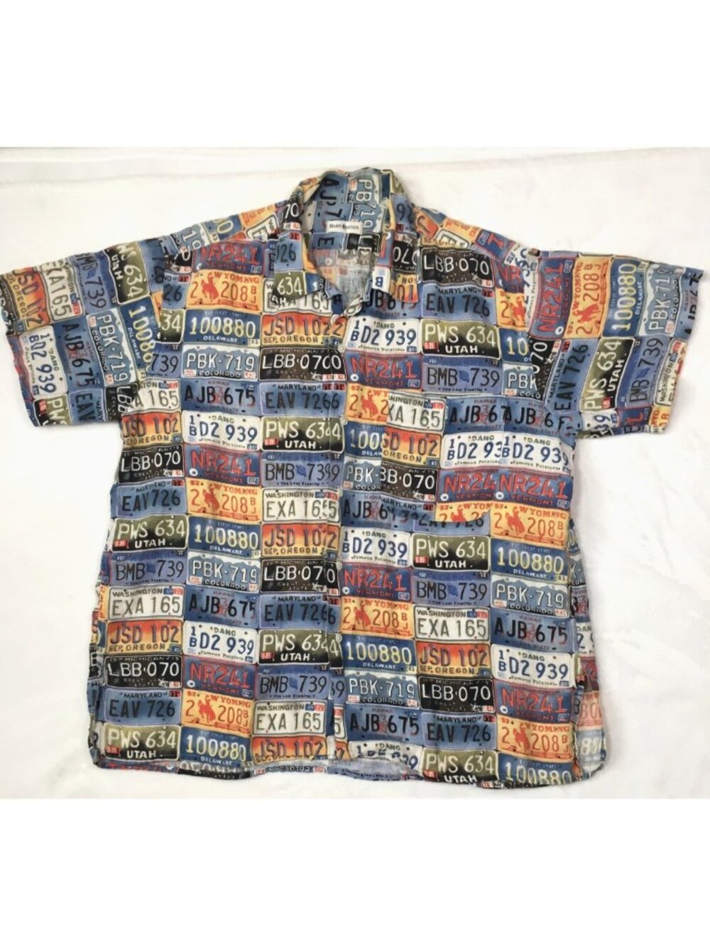 Vtg Barry Bricken L Camp Shirt USA State License Plates Linen Hong Kong Chest51"